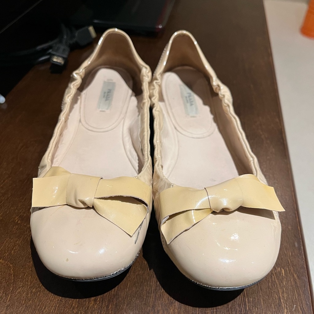 Prada Cream Flats with Bow Detail